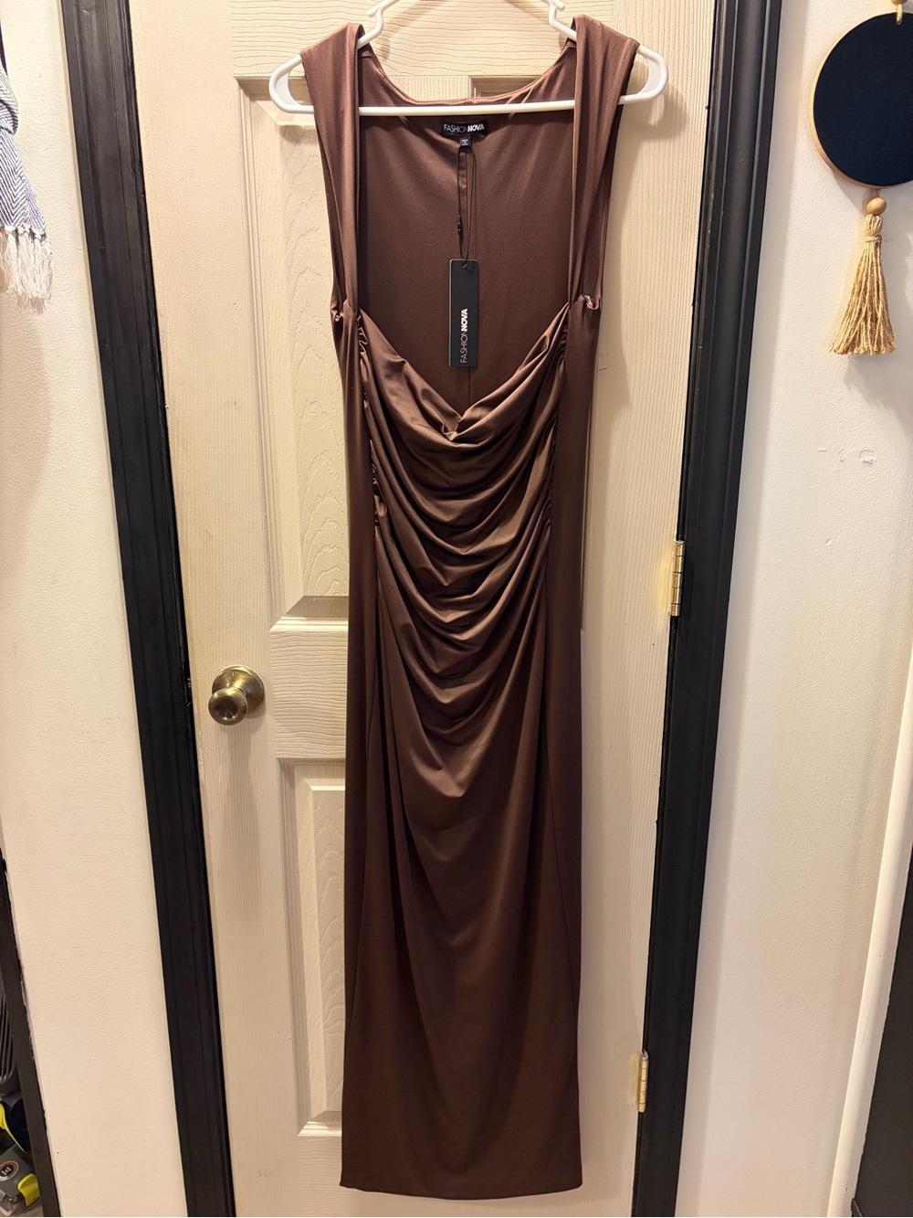 NWT Fashion Nova Brown Draped Sleeveless Maxi Dress XL